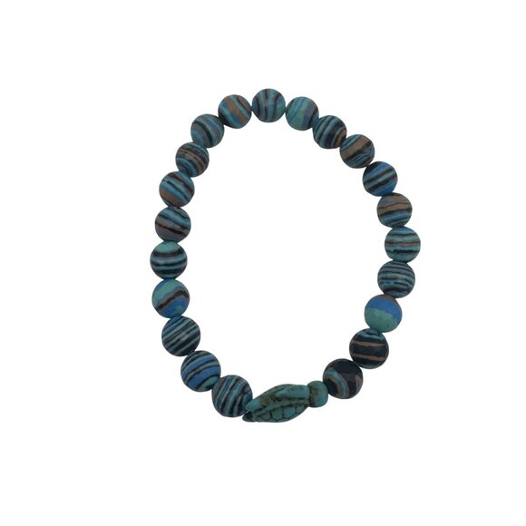 Turquoise Beaded Bracelet With Turtle Charm Stretch Design Elastic - Picture 2 of 8
